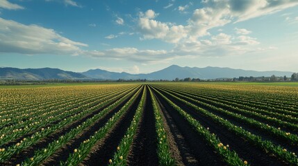 Poster - Vibrant tulip fields under a clear sky with mountains in the background showcasing rows of blooming flowers in springtime beauty.