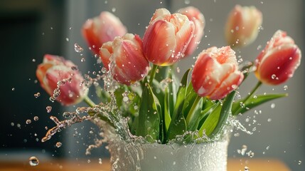 Poster - Vibrant tulips with water splashes creating a refreshing and lively atmosphere on a wooden table setting