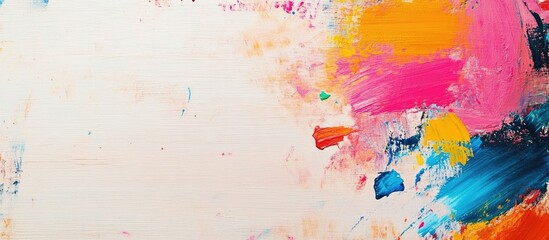 Poster - Artistic Tools Arrangement with Vibrant Paints and Brushes on Light Wooden Surface with Creative Mess and Blank Space for Text Display