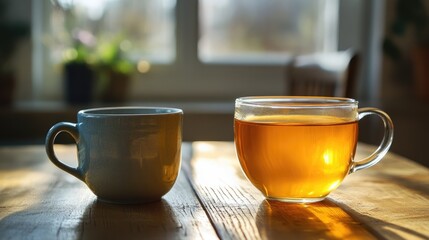 Aufkleber - Turmeric tea served in a glass cup and ceramic mug with a warm wooden table ambiance and natural light backdrop.