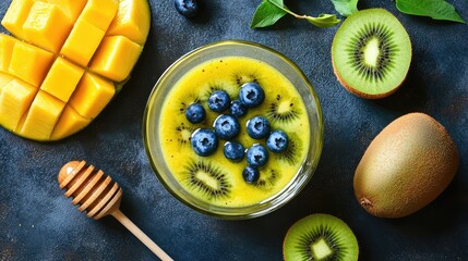Poster - Vibrant top view of a glass bowl filled with a tropical smoothie, featuring yellow mango, fresh blueberries, green kiwi, and honey on a textured dark background