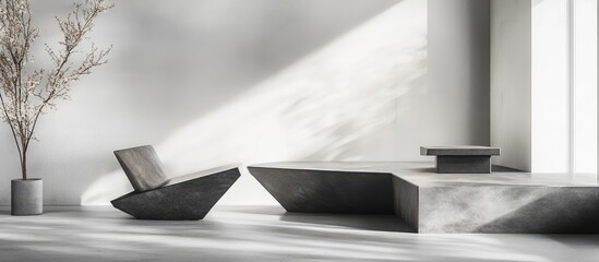 Poster - Contemporary minimalist living space in cool gray tones featuring geometric furniture and subtle luxury with empty space for text and natural light.