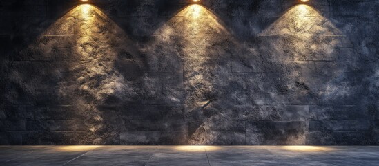 Poster - Textured concrete wall with stone accents illuminated by warm lights perfect for modern interior design or architectural backgrounds