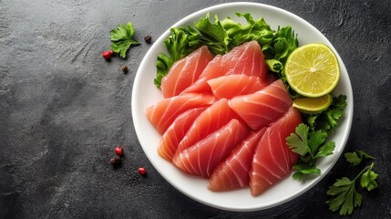 Poster - Fresh sushi-grade tuna slices garnished with greens and lime served in a white round dish on a dark textured background.
