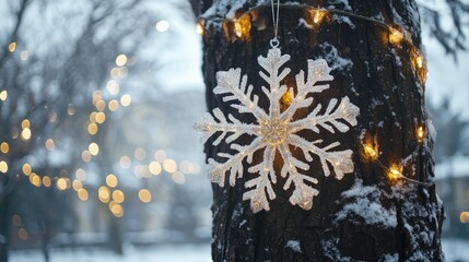 Poster - Giant snowflake ornament on tree trunk surrounded by festive lights in a dreamy winter outdoor scene celebrating the holiday season.