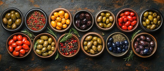 Poster - Assorted olives including green and black varieties arranged in dark ceramic bowls with herbs and spices on textured dark stone background for gourmet culinary concepts