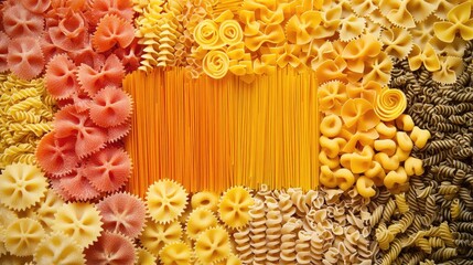 Poster - Colorful Arrangement of Diverse Raw Pasta Shapes in Yellow, Orange and Red Tones on Wooden Surface, Top View, Culinary Flat Lay Concept
