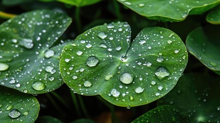 Poster - Tropical green leaves with raindrops creating a fresh and vibrant natural atmosphere in a lush rainforest setting