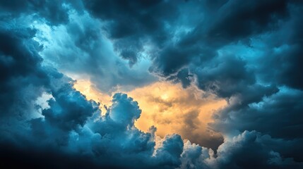 Poster - Dramatic stormy clouds illuminated by golden light creating a powerful and moody atmospheric scene in the sky.