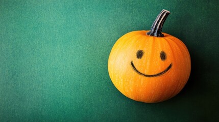 Poster - Cheerful pumpkin with a smile on a vibrant green background in a minimalistic style ideal for Autumn holiday cards with ample copy space
