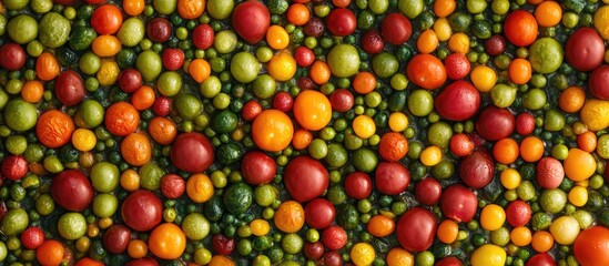 Aufkleber - Vibrant top view of assorted colorful vegetables including red, green, and yellow tomatoes on a lush green background with ample blank space for text.
