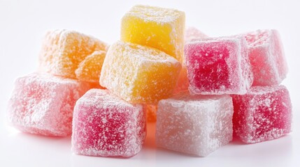 Aufkleber - Colorful assorted Turkish delight cubes stacked on a white background showcasing vibrant flavors and textures in a mouthwatering composition