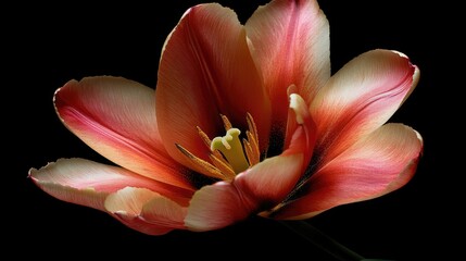 Poster - Elegant tulip flower portrait showcasing vibrant colors and delicate petals against a dark background symbolizing spring beauty and renewal.