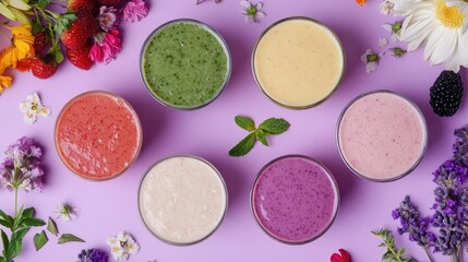 Poster - Assorted Raw Fruit Smoothies in Glass Bowls Surrounded by Colorful Flowers on a Light Purple Tabletop Celebrating Natural Freshness