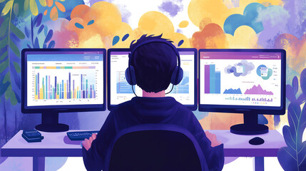 IT worker sitting at their desk, surrounded by three monitors displaying software incorporating data visualization charts and graphs