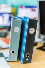 Poster - A pair of binders resting on a wooden desk, perfect for organization and study