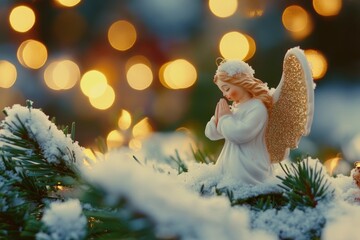 Poster - A small angel figurine sits atop a snow-covered tree, perfect for winter scenes or holiday decorations
