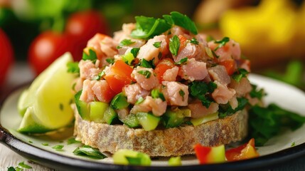 Poster - Tuna tartare served on toasted bread with fresh vegetables and herbs garnished with lime wedges on a rustic plate
