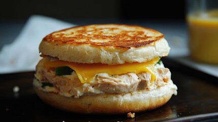 Aufkleber - Tuna English muffin sandwich with melted cheese served on a dark plate showcasing a delicious breakfast treat.
