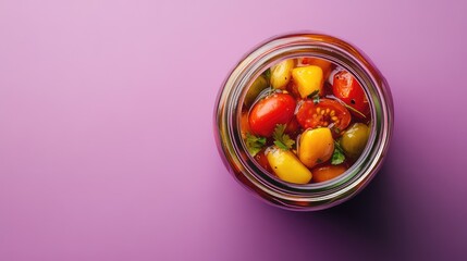 Poster - Overhead view of a glass jar containing vibrant canned tomatoes and vegetables in a rich sauce, set against a smooth purple backdrop.