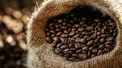 Poster - Turkish coffee beans in burlap sack showcasing rich aroma and texture in natural setting with blurred background for culinary themes
