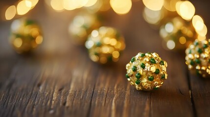 Poster - Elegant golden decor balls with green accents on a rustic wooden table illuminated by soft bokeh lights creating a festive ambiance
