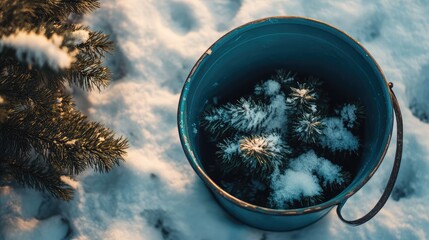 Poster - Winter seasonal bucket filled with greenery and snow on a rustic brown surface, captured from a top view with a soft focus on winter elements.