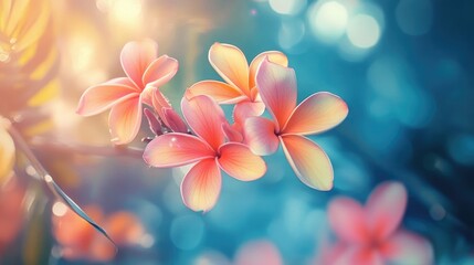 Aufkleber - Tropical frangipani flowers in bloom showcasing vibrant colors and soft light in a serene garden during springtime.