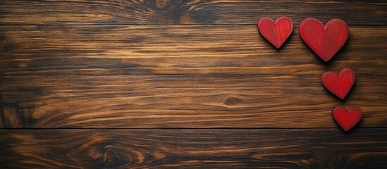 Poster - Top view of rustic brown wooden board with empty space for text featuring three red heart shapes arranged on the left side