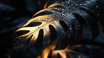 Aufkleber - Backlit tropical leaf with glistening water drops showcasing rich textures and vibrant colors in a serene natural setting