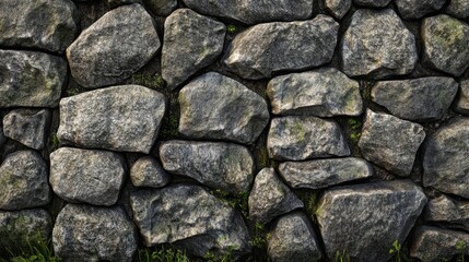 Poster - Textured stone wall with rough stones and natural greenery in between, ideal for backgrounds or architectural design concepts.
