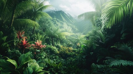 Aufkleber - Lush tropical rainforest with vibrant flora at the base of a majestic mountain landscape