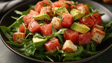 Leinwandbilder - Tuna Tartare Salad with Avocado Croutons on Fresh Arugula in Elegant Plating Ideas for Healthy Cuisine