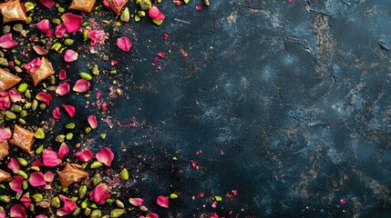 Poster - Turkish rose petal baklava surrounded by pistachios and flower petals on textured dark backdrop Sweet dessert presentation with copy space