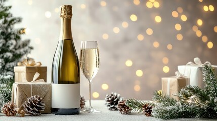 Aufkleber - Elegant sparkling wine bottle with festive gifts and Christmas decorations on a winter celebration background for advertising holiday events