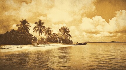 Aufkleber - Tropical island with palm trees and serene waters in vintage toned photography capturing a peaceful coastal landscape