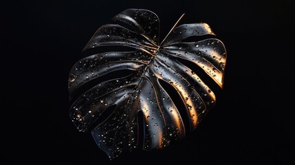Leinwandbilder - Tropical leaf illuminated by backlight showcasing glistening water droplets in a dark background for a striking natural aesthetic.