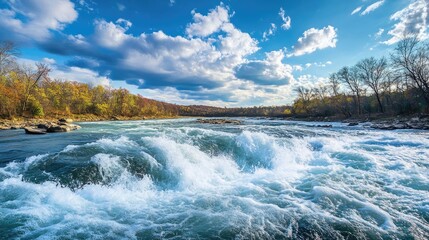 Poster - Turbulent river flowing with waves beneath a vibrant blue sky and scattered clouds amidst autumn foliage on riverbanks.