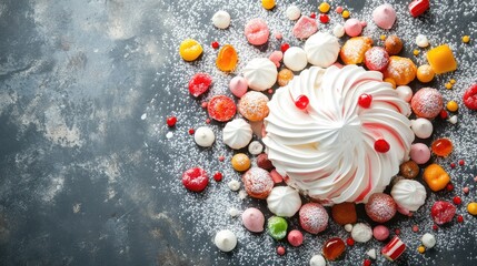 Aufkleber - Aerial view of a beautifully crafted white meringue angel dessert surrounded by colorful assorted sweets and confectioneries on a dark textured surface.