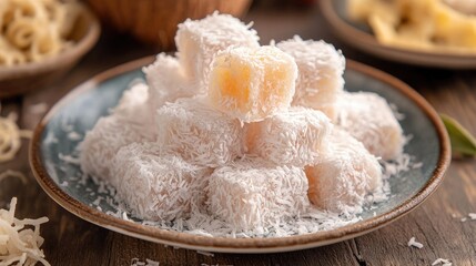 Aufkleber - Turkish delight with dried coconut coating served on a rustic plate showcasing a traditional sweet treat.