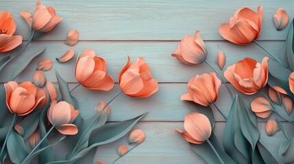 Poster - Soft peach tulips arranged on a distressed wooden background evoking a serene spring atmosphere and floral elegance
