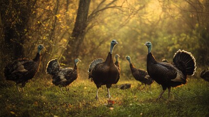Poster - Wild Turkeys Foraging in a Beautiful Autumn Forest Setting at Sunrise