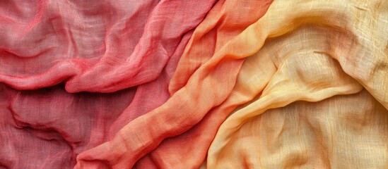 Poster - Textured silk fabric in vibrant red and orange hues with natural creases and ample space for text in a top-down view composition