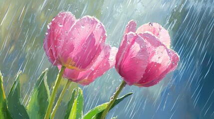 Fototapete - Pink tulips in vibrant spring rain showcasing nature's beauty and freshness with droplets enhancing the vivid colors and serene atmosphere.