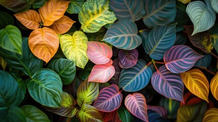 Leinwandbilder - Colorful tropical plant leaves creating a vibrant natural backdrop showcasing the beauty and diversity of foliage in nature.