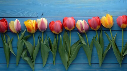 Aufkleber - Vibrant Tulips Lined on Blue Wooden Table with Blank Note Card for Floral Greeting or Invitation Background