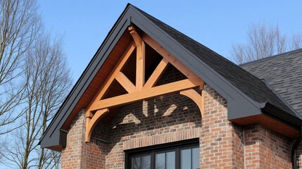 Poster - Craftsman Style Truss and Brickwork Detailing on Modern House Architecture Against Clear Sky