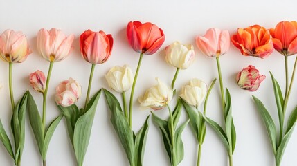 Poster - Colorful tulip flowers arranged in a row with green leaves on a white background showcasing spring beauty and floral elegance