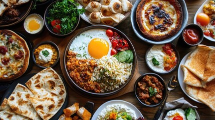 Poster - Authentic Turkish Brunch Spread Featuring Eggs Bread Vegetables and Traditional Dishes on a Rustic Table Setting