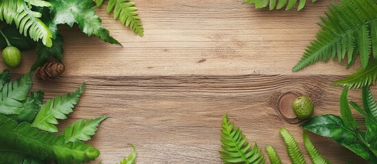 Poster - Top View of Rustic Green Fern Leaves Framing a Blank Space on a Natural Brown Wooden Table Background with Text Placeholder